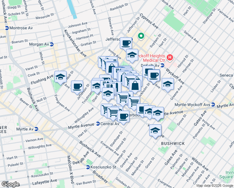 map of restaurants, bars, coffee shops, grocery stores, and more near 228 Suydam Street in Brooklyn