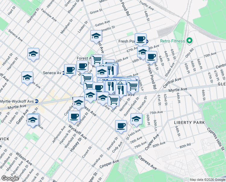 map of restaurants, bars, coffee shops, grocery stores, and more near 70-02 Forest Avenue in Queens