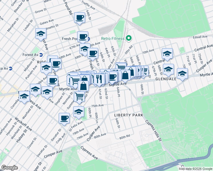 map of restaurants, bars, coffee shops, grocery stores, and more near 6207 Myrtle Avenue in Queens