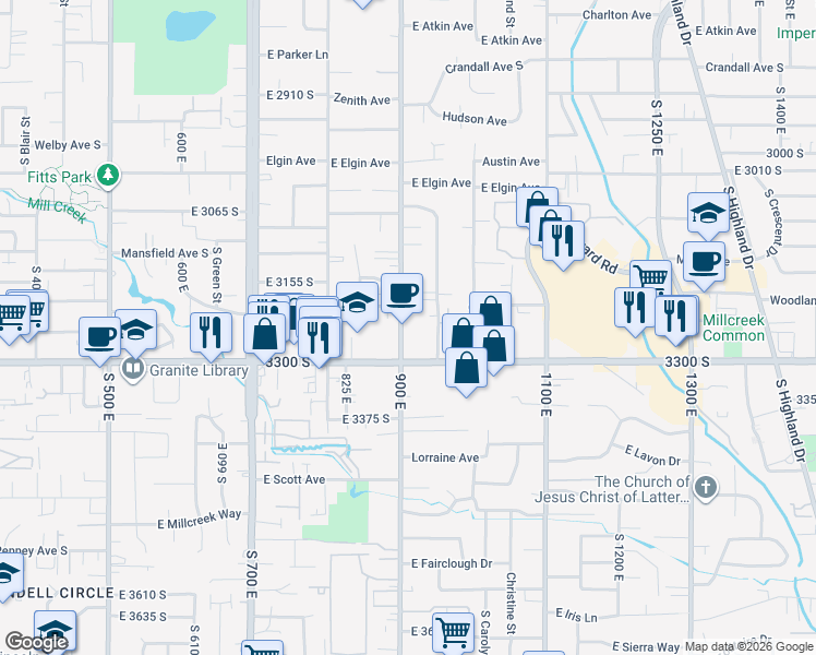 map of restaurants, bars, coffee shops, grocery stores, and more near 3200 South 900 East in Millcreek