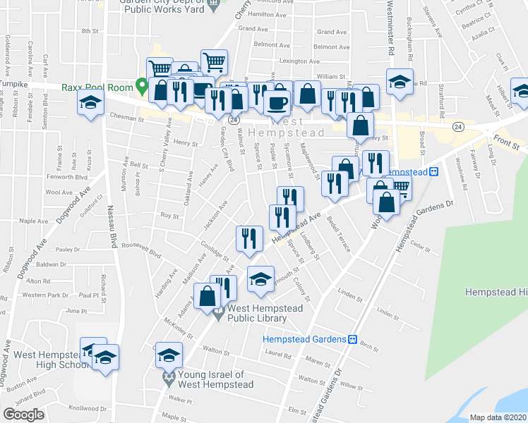 map of restaurants, bars, coffee shops, grocery stores, and more near 144 Spruce Street in West Hempstead