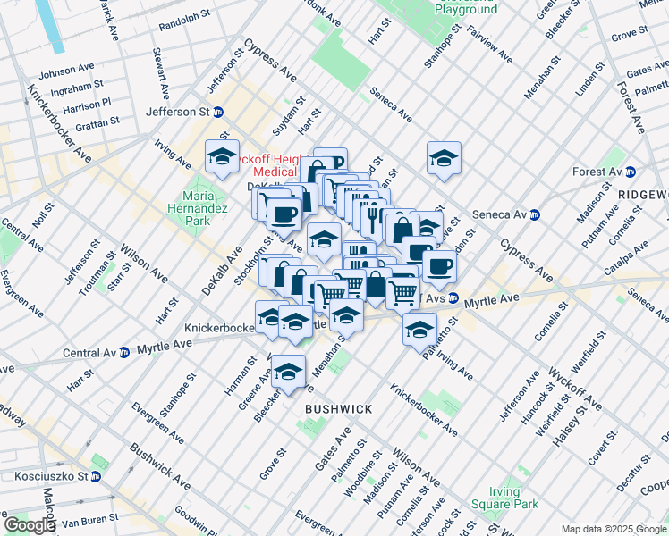 map of restaurants, bars, coffee shops, grocery stores, and more near 1395 Greene Avenue in Brooklyn