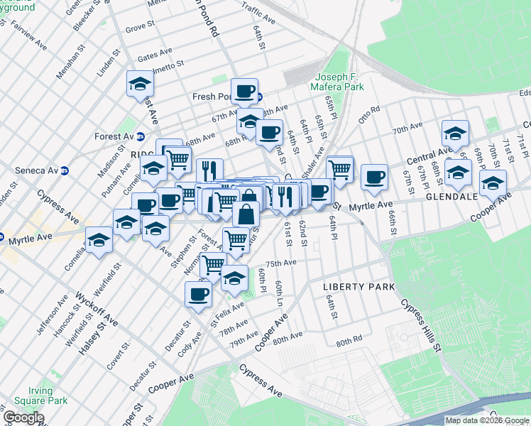 map of restaurants, bars, coffee shops, grocery stores, and more near 60-79 Myrtle Avenue in Queens