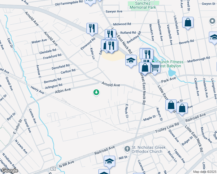 map of restaurants, bars, coffee shops, grocery stores, and more near 188 Arnold Avenue in West Babylon