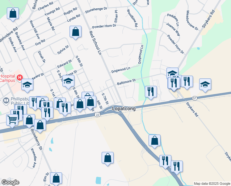 map of restaurants, bars, coffee shops, grocery stores, and more near 142 Red School Lane in Phillipsburg