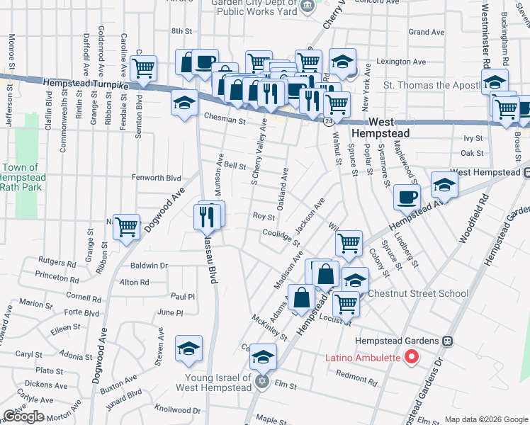 map of restaurants, bars, coffee shops, grocery stores, and more near 464 Roy Street in West Hempstead