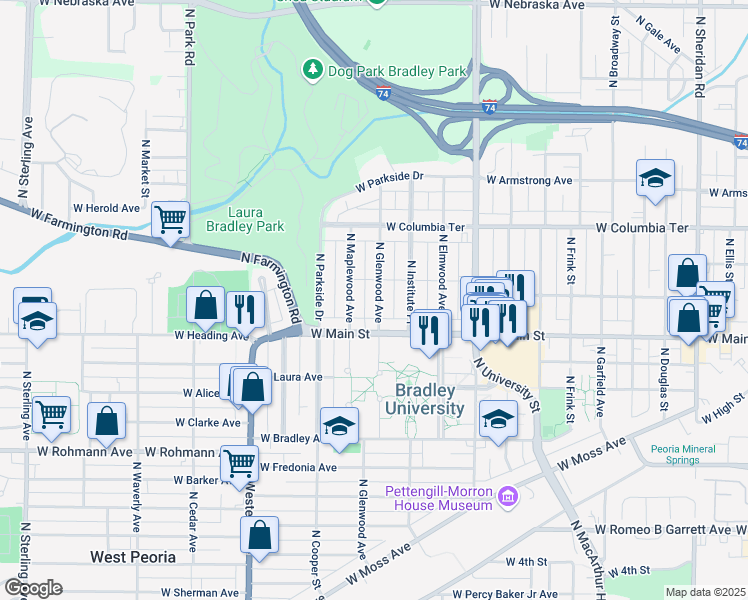map of restaurants, bars, coffee shops, grocery stores, and more near 1025 North Glenwood Avenue in Peoria