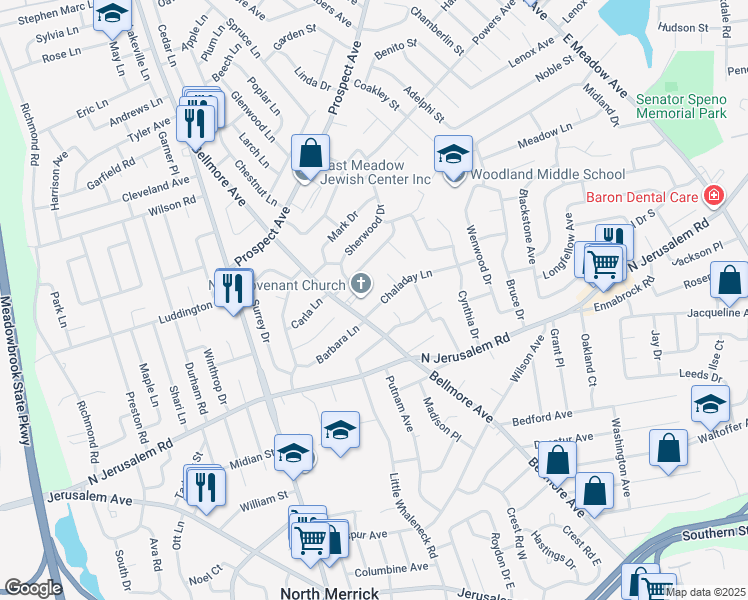 map of restaurants, bars, coffee shops, grocery stores, and more near 1707 Chaladay Lane in East Meadow