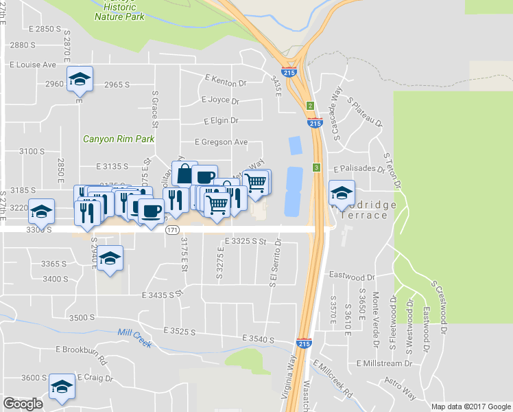 map of restaurants, bars, coffee shops, grocery stores, and more near 3215 S 3300 E in Salt Lake City