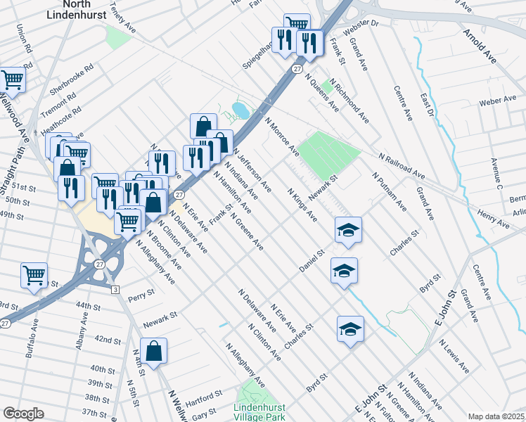 map of restaurants, bars, coffee shops, grocery stores, and more near 645 North Indiana Avenue in Lindenhurst