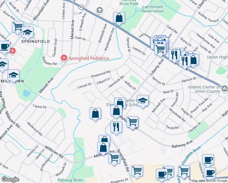 map of restaurants, bars, coffee shops, grocery stores, and more near 750 Andover Road in Union