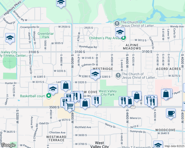 map of restaurants, bars, coffee shops, grocery stores, and more near 3261 South 4665 West in West Valley City