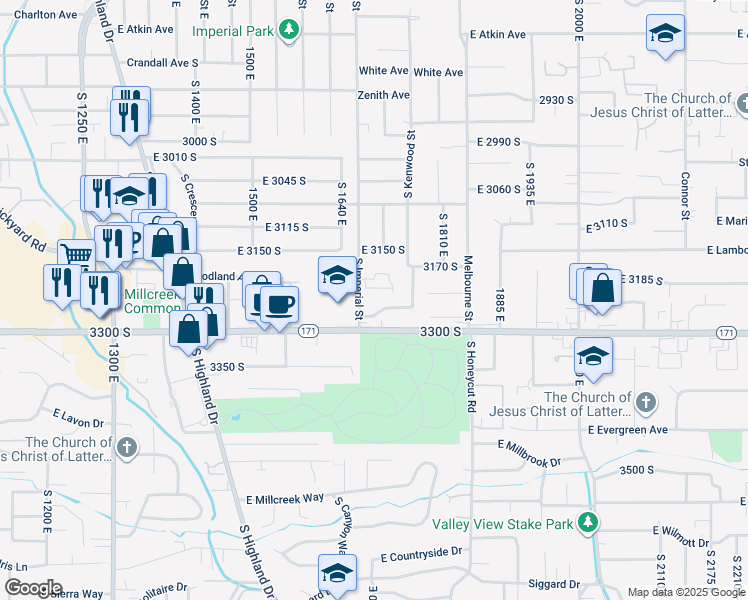 map of restaurants, bars, coffee shops, grocery stores, and more near 3219 South Imperial Street in Salt Lake City