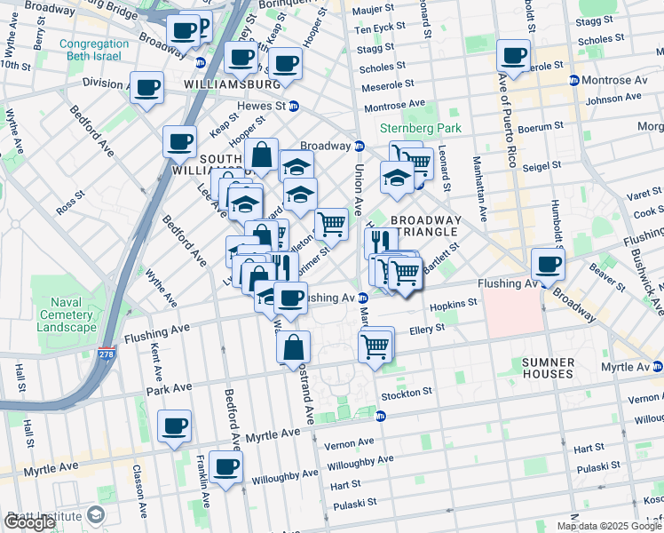 map of restaurants, bars, coffee shops, grocery stores, and more near 31 Walton Street in Brooklyn