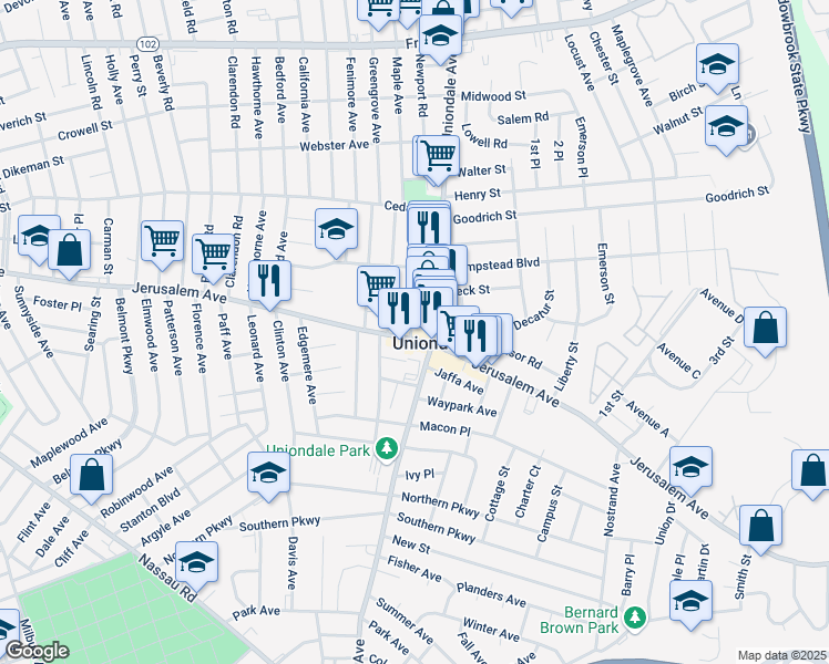 map of restaurants, bars, coffee shops, grocery stores, and more near 599 Jerusalem Avenue in Uniondale