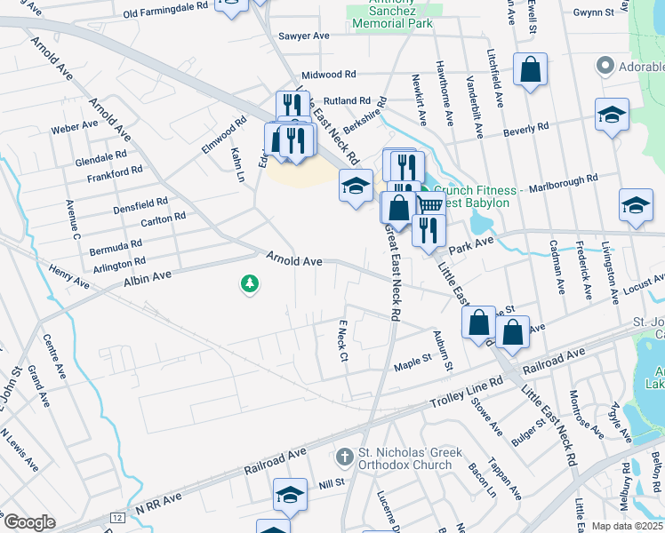 map of restaurants, bars, coffee shops, grocery stores, and more near 405 Kings Ct in West Babylon