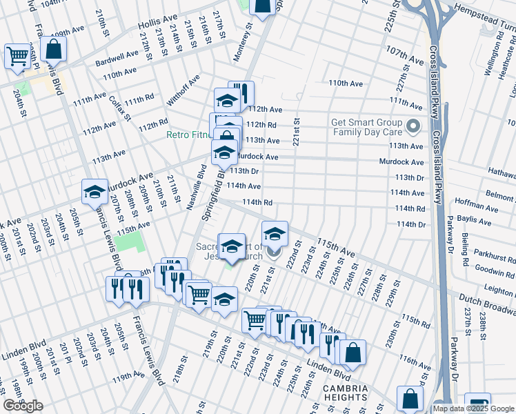map of restaurants, bars, coffee shops, grocery stores, and more near 217-46 114th Road in Queens