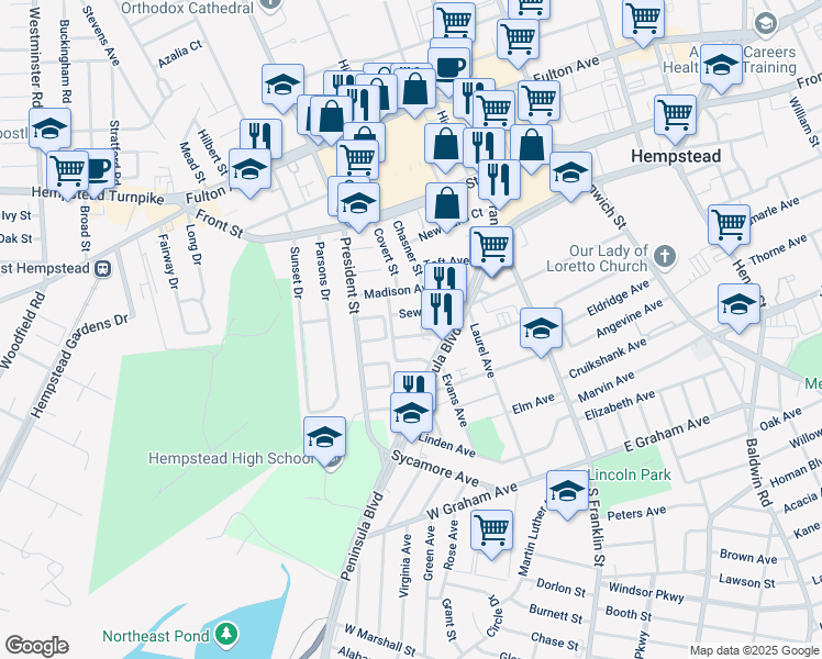 map of restaurants, bars, coffee shops, grocery stores, and more near 65 Whitson Street in Hempstead