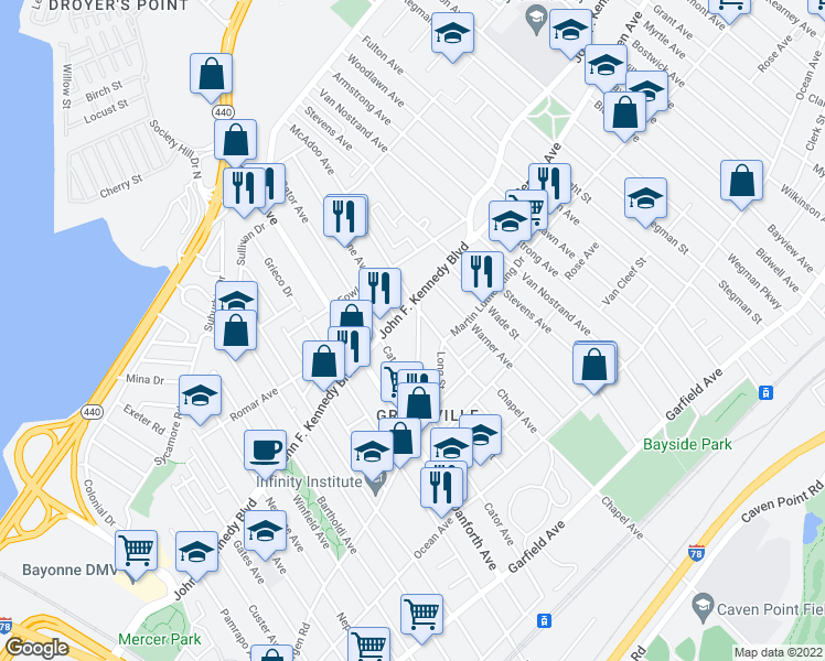 map of restaurants, bars, coffee shops, grocery stores, and more near 315 Old Bergen Road in Jersey City