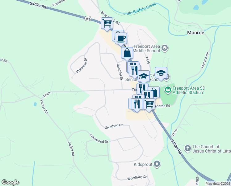 map of restaurants, bars, coffee shops, grocery stores, and more near 203 Cole Road in Sarver