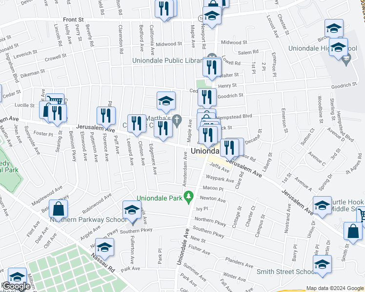 map of restaurants, bars, coffee shops, grocery stores, and more near 563 Jerusalem Avenue in Uniondale