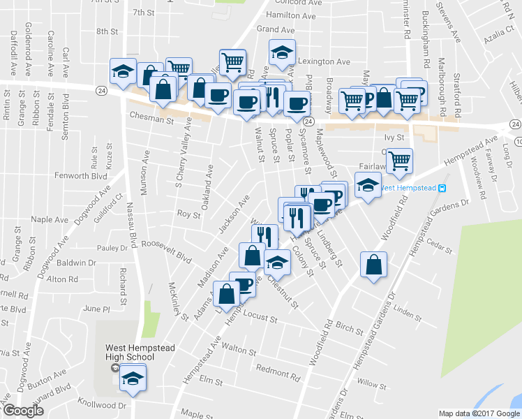 map of restaurants, bars, coffee shops, grocery stores, and more near 349 Madison Avenue in West Hempstead