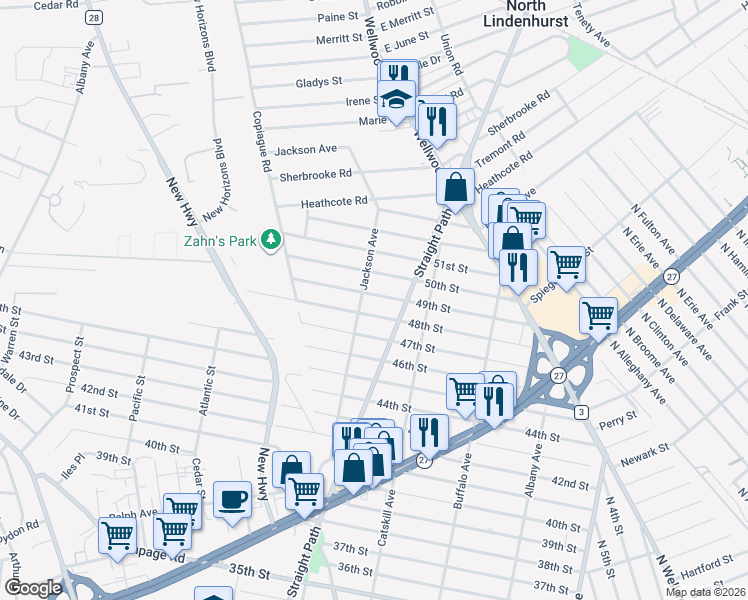 map of restaurants, bars, coffee shops, grocery stores, and more near 353 49th Street in Lindenhurst