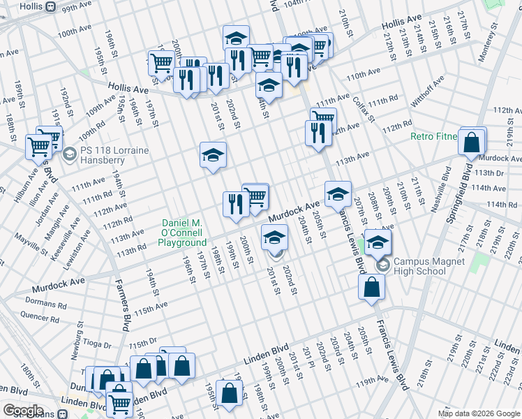 map of restaurants, bars, coffee shops, grocery stores, and more near 113-26 202nd Street in Queens