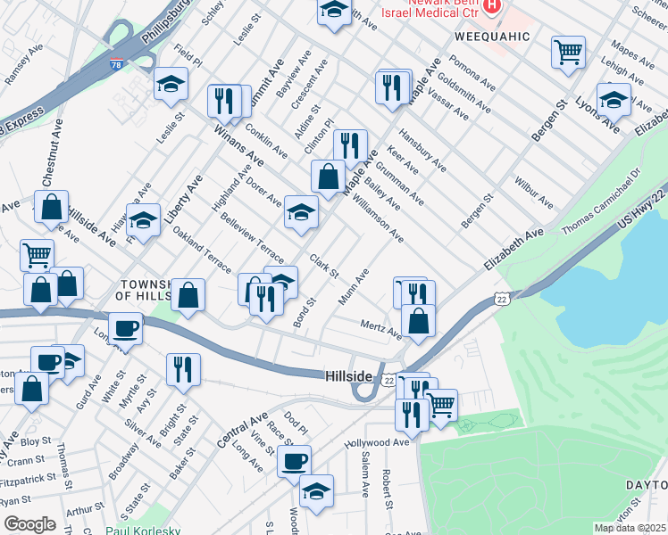 map of restaurants, bars, coffee shops, grocery stores, and more near 123 Clark Street in Hillside