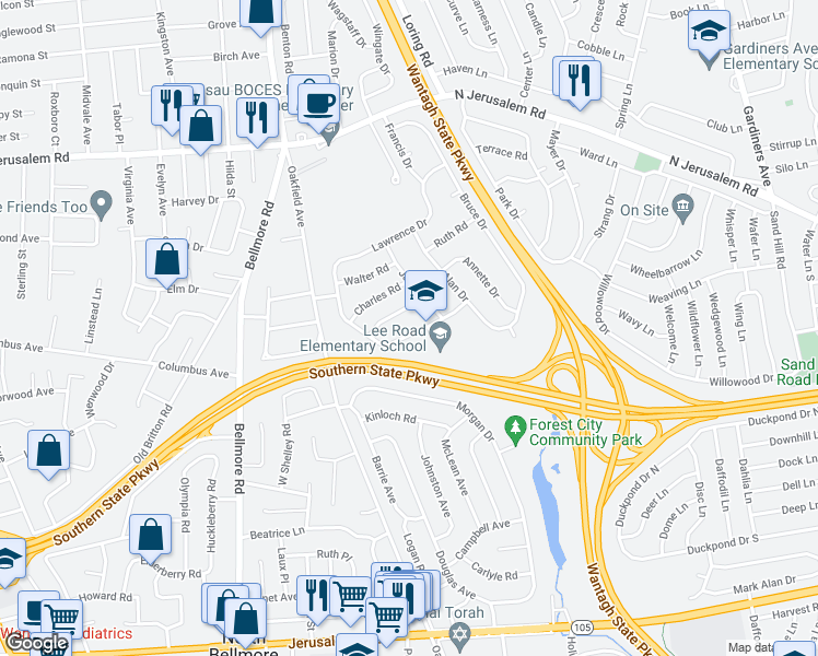 map of restaurants, bars, coffee shops, grocery stores, and more near 965 Brent Drive in Wantagh