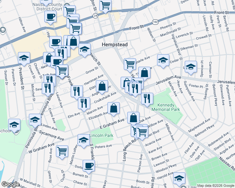 map of restaurants, bars, coffee shops, grocery stores, and more near 171 Greenwich Street in Hempstead
