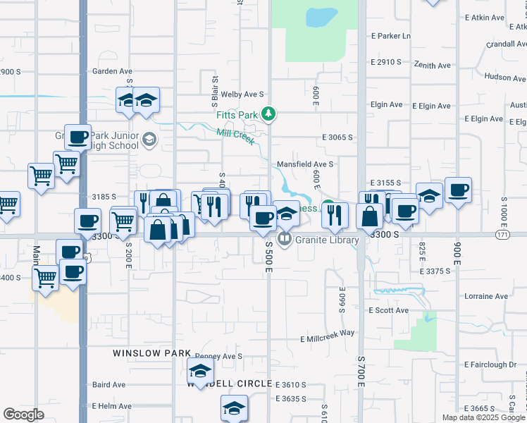 map of restaurants, bars, coffee shops, grocery stores, and more near 485 Woodland Avenue in South Salt Lake
