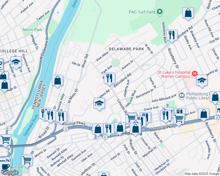 map of restaurants, bars, coffee shops, grocery stores, and more near 599 Belvidere Road in Phillipsburg