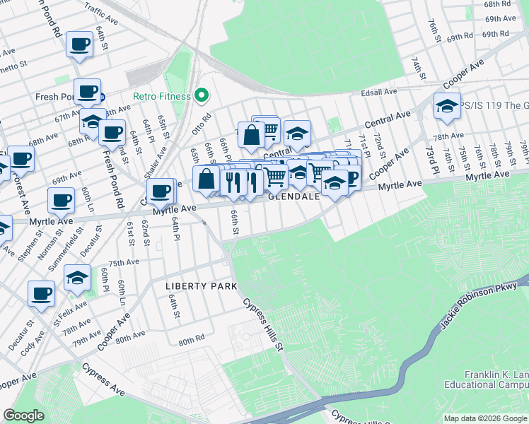 map of restaurants, bars, coffee shops, grocery stores, and more near 72-18 67th Place in Queens