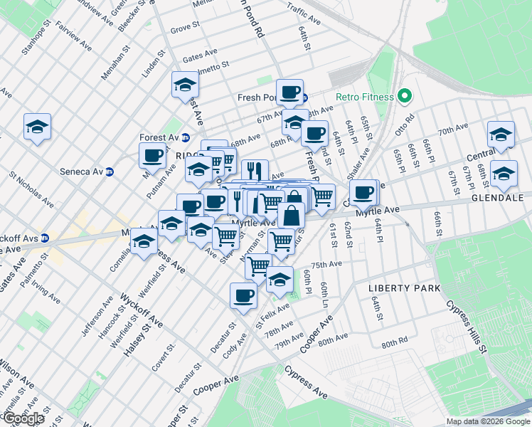 map of restaurants, bars, coffee shops, grocery stores, and more near 60-26 71st Avenue in Queens
