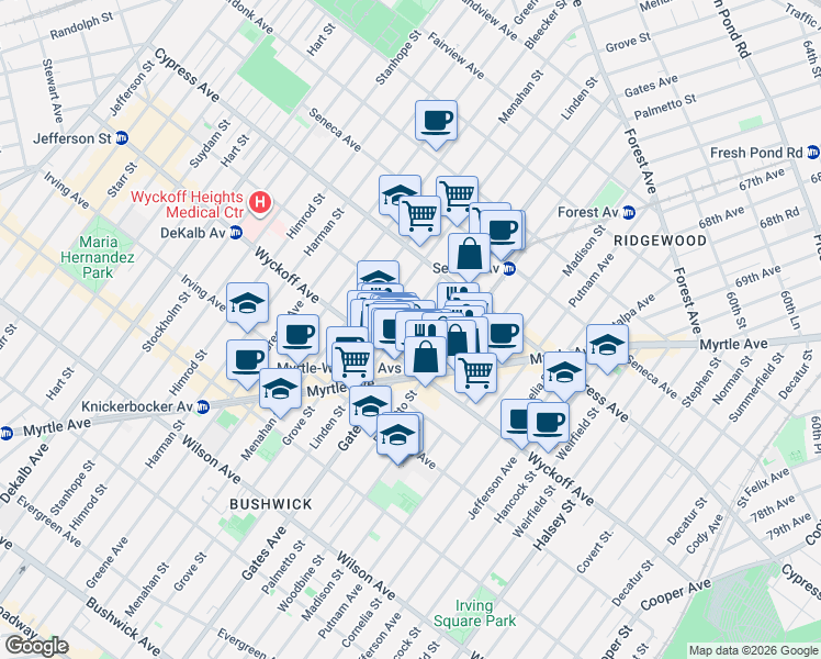 map of restaurants, bars, coffee shops, grocery stores, and more near 310 Saint Nicholas Avenue in Brooklyn