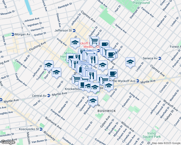 map of restaurants, bars, coffee shops, grocery stores, and more near 234B Stanhope Street in Brooklyn