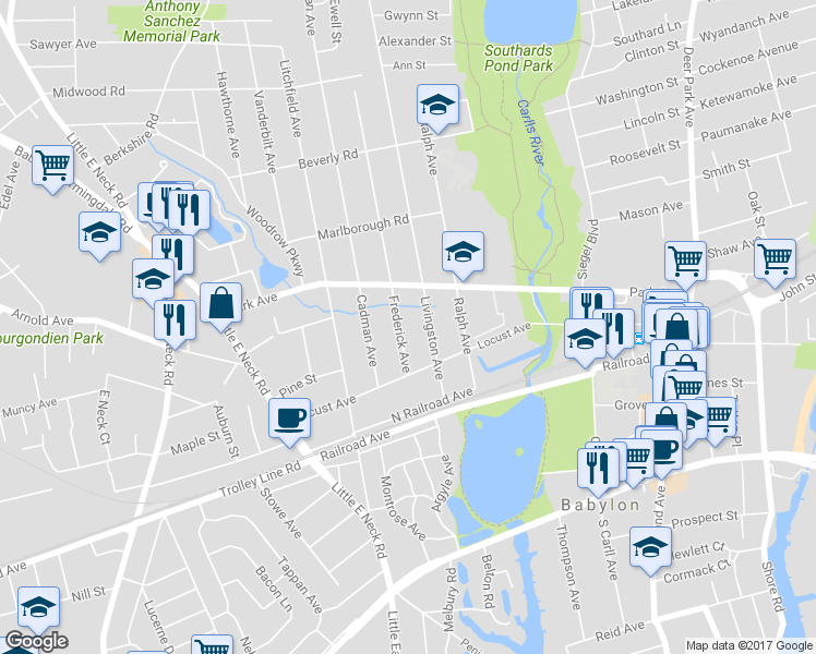map of restaurants, bars, coffee shops, grocery stores, and more near 43 Frederick Avenue in Babylon
