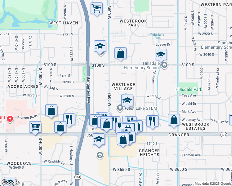 map of restaurants, bars, coffee shops, grocery stores, and more near 3266 South Westgene Circle in West Valley City