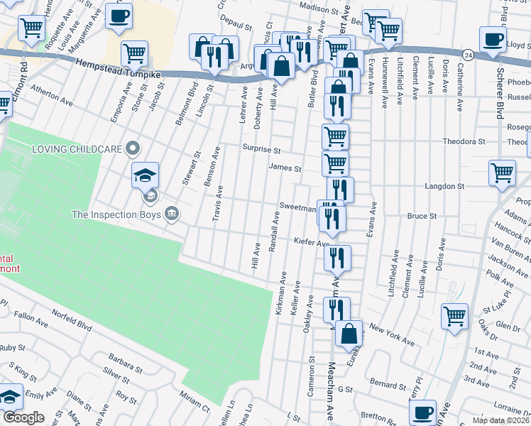 map of restaurants, bars, coffee shops, grocery stores, and more near 275 Hill Avenue in Elmont