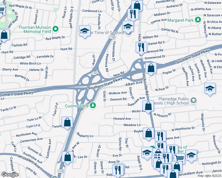 map of restaurants, bars, coffee shops, grocery stores, and more near 3986 Alken Avenue in Seaford