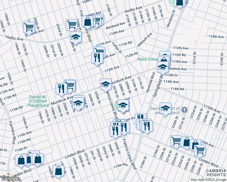 map of restaurants, bars, coffee shops, grocery stores, and more near 114-28 207th Street in Queens