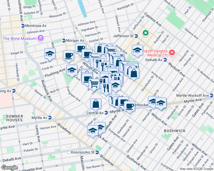 map of restaurants, bars, coffee shops, grocery stores, and more near 40 Starr Street in Brooklyn
