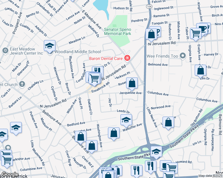 map of restaurants, bars, coffee shops, grocery stores, and more near 2104 Rosemont Street in North Bellmore