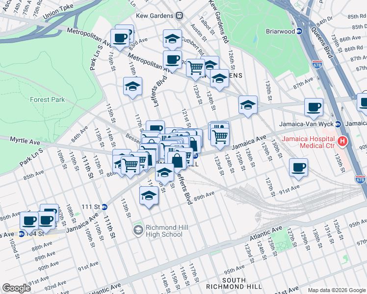 map of restaurants, bars, coffee shops, grocery stores, and more near 86-21 120th Street in Queens