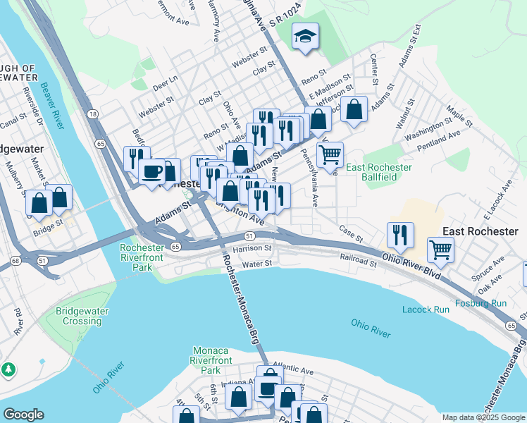 map of restaurants, bars, coffee shops, grocery stores, and more near 385 Pinney St in Rochester