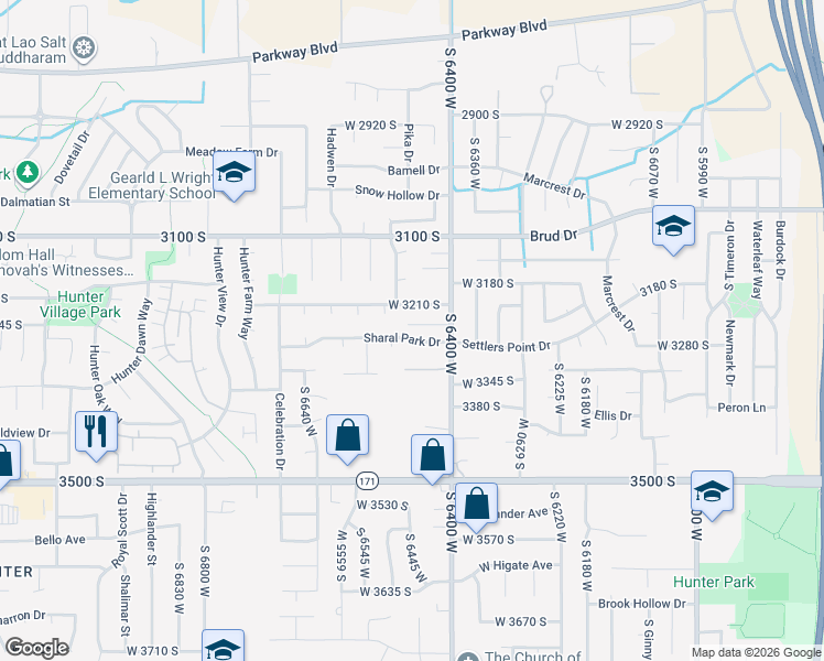 map of restaurants, bars, coffee shops, grocery stores, and more near 6466 West 3270 South in West Valley City