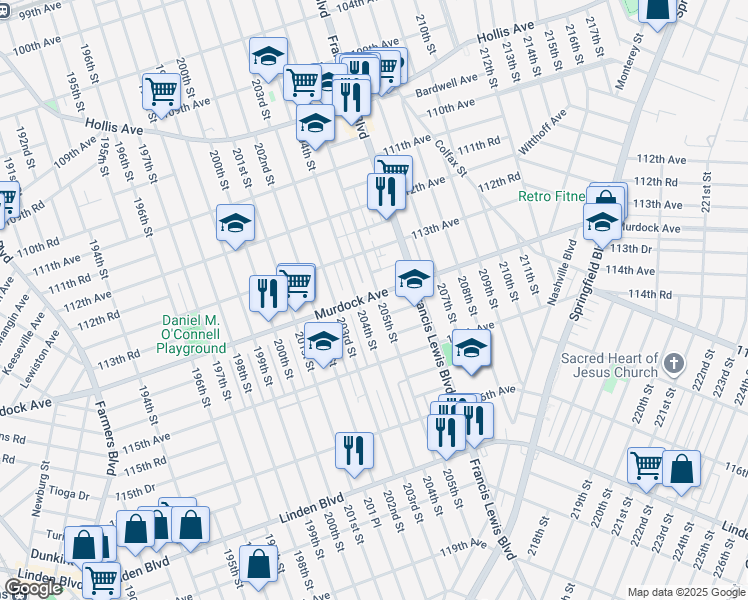 map of restaurants, bars, coffee shops, grocery stores, and more near 114-02 205th Street in Queens