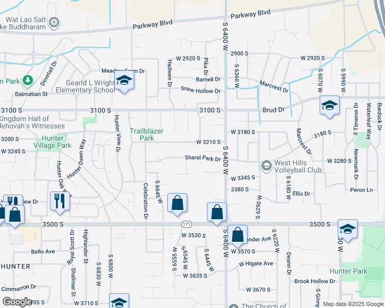 map of restaurants, bars, coffee shops, grocery stores, and more near 6518 Sharal Park Drive in West Valley City