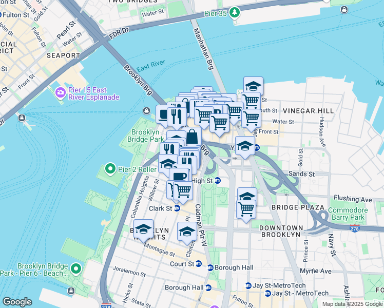 map of restaurants, bars, coffee shops, grocery stores, and more near 71 Poplar Street in Brooklyn
